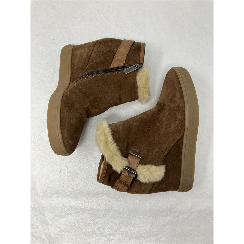 Aquatalia Bootie Cameron Brown Suede Wedge Boots Faux Fur Sz 5.5 Italy Marvin K